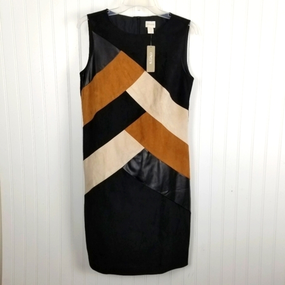 Chicos NWT Pieced Short Dress Sleeveless Color Block Faux Suede Brown Size 0 S/4 - Picture 2 of 14